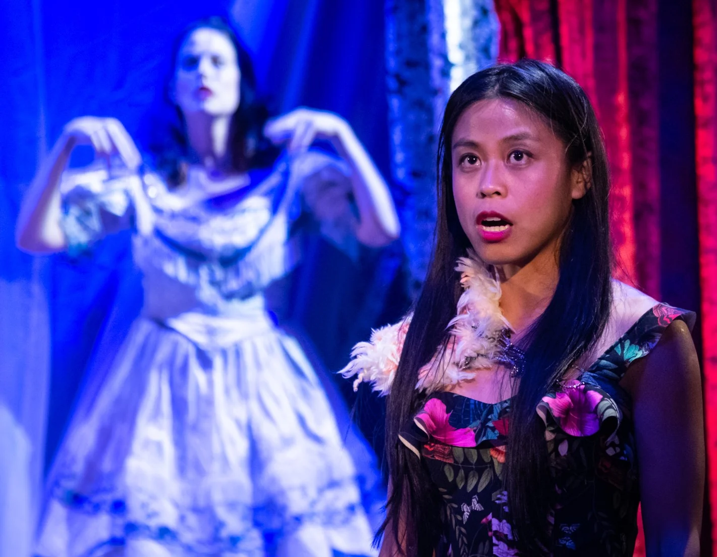 Juliana Francis Kelly (left) is Madame Eliza Lynch and Nikki Calonge is Paka, her faithful servant in Madame Lynch. Top: Kelly with (from left) Blaze Ferrer as Madame De Cochele and Braulio Cruz as Inocencia Lopez.
