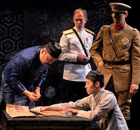 From left: David Shih as the Deputy, Bruce McKenzie as Colonel Gasparov, Aaron Yoo (kneeling) as the Vice Censor, and Chin-Lyn in Gordon Dahlquist’s [Veil Widow Conspiracy].