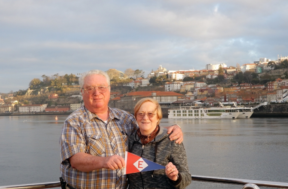  Keith &amp; Joan fly the EYC colors on the Douro river in Porto, Portugal 