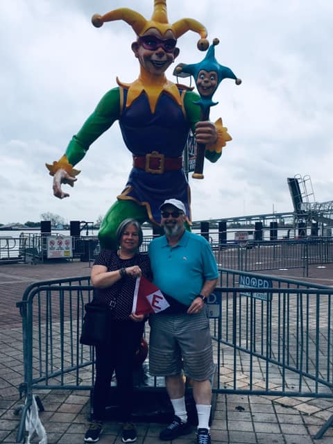  Katie &amp; Chris show their EYC (and Mardi Gras) pride at the Paddlewheeler Creole Queen in New Orleans. 