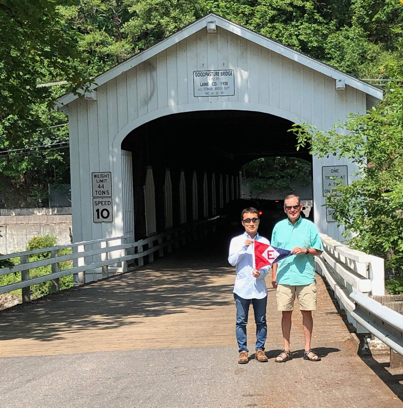  Gary and Yoshihiro, a friend visiting from Japan, at the Goodpasture Covered Bridge in Lane County 