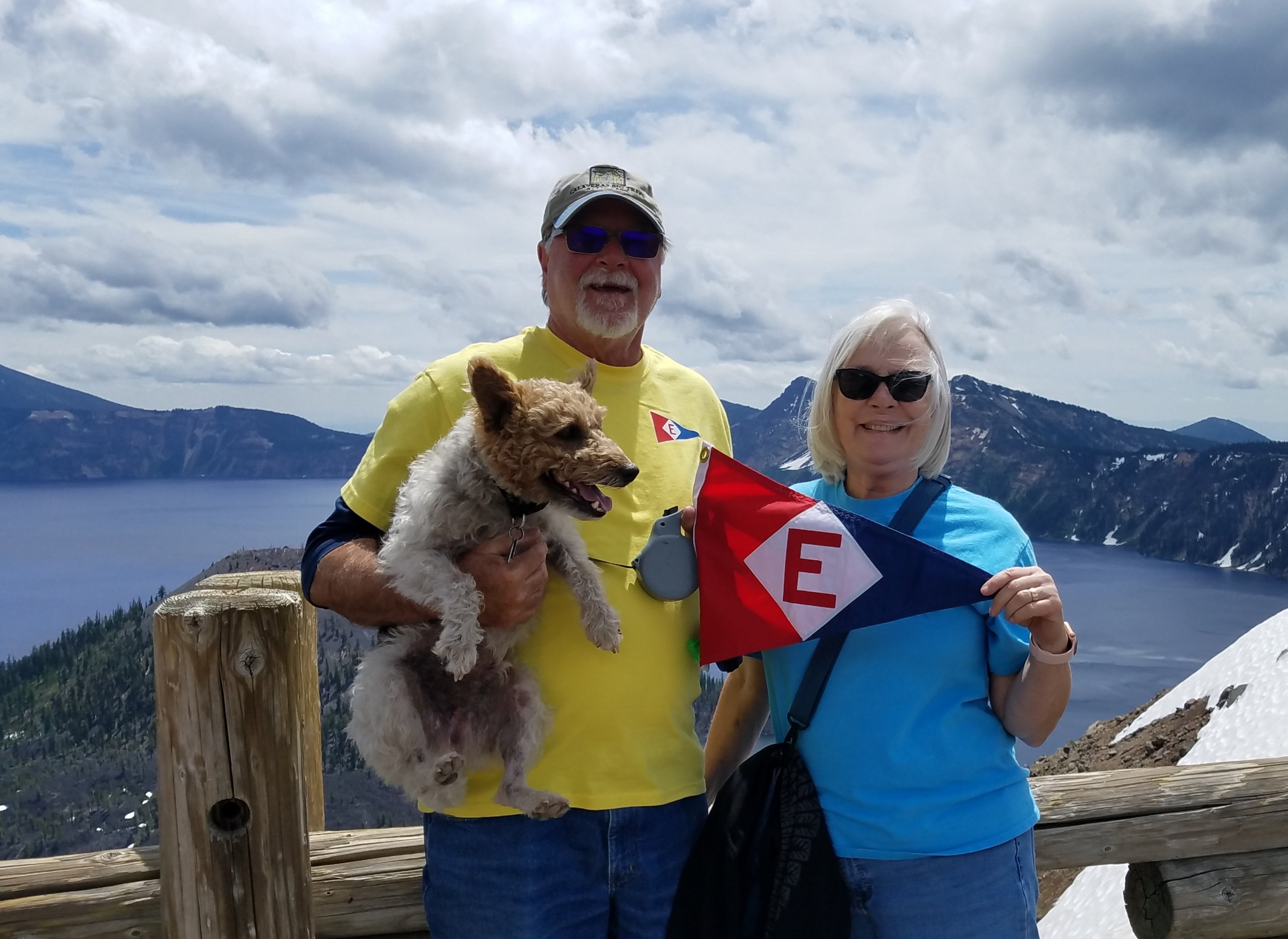  Murray &amp; Linda hoist the colors—and their pooch Teddy—at Crater Lake 