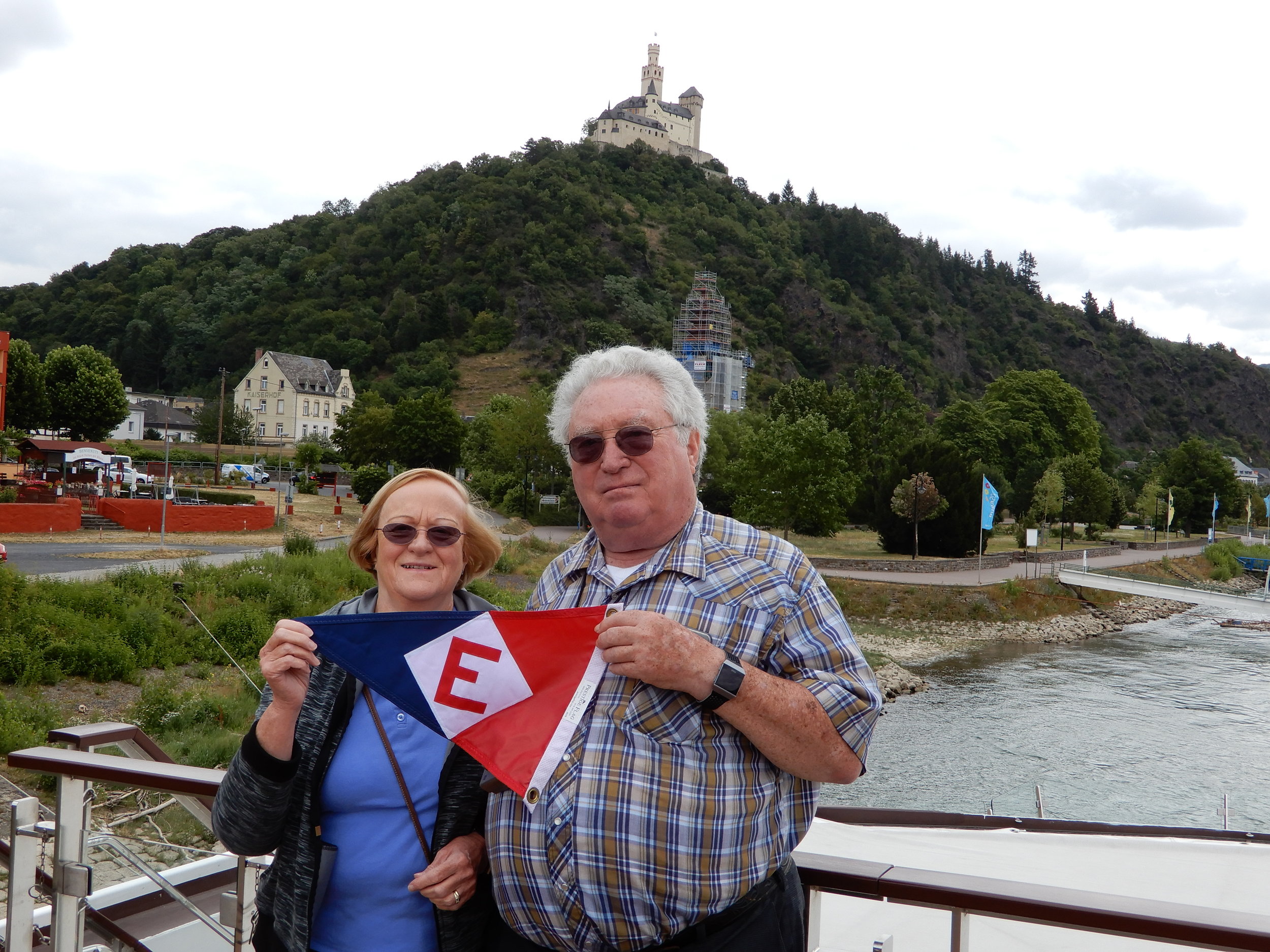  Joan and Keith show their EYC pride in the shadow of the Marksburg Castle on the Rhine River in Germany 