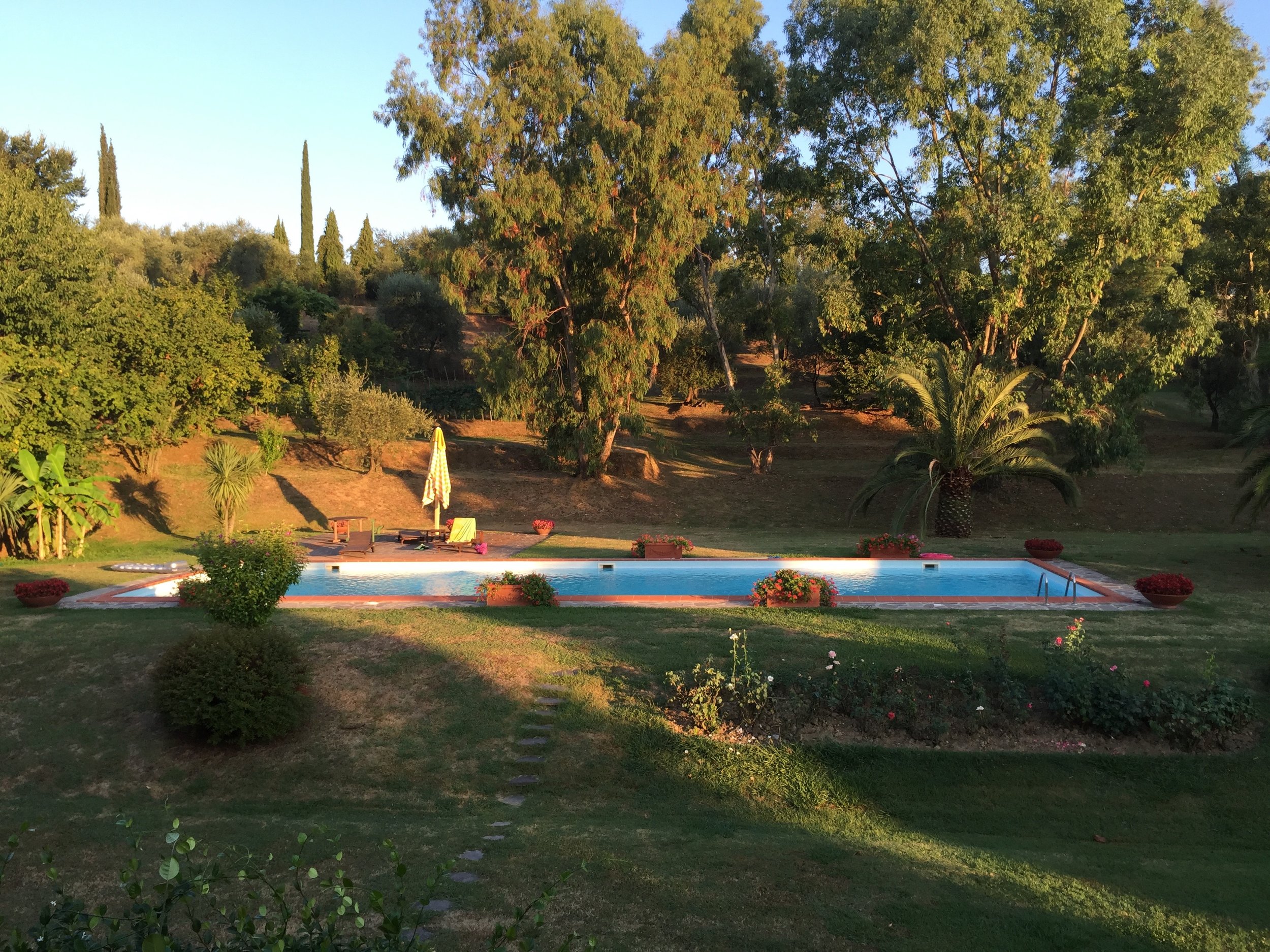 View of the pool from upstairs bedrooms at sunrise.