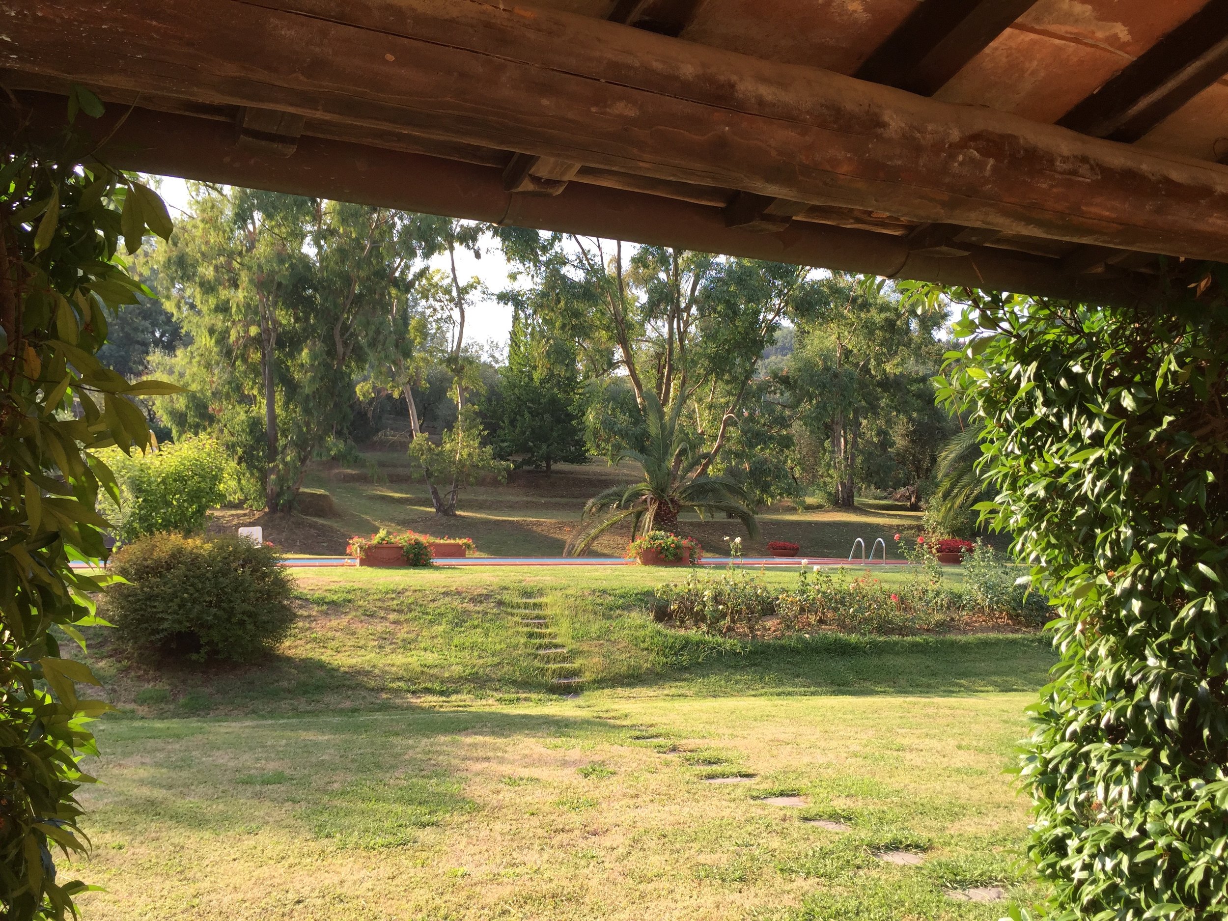 View of the gardens from the portico off the kitchen. This portico features a marble-topped dining table, and is where we eat meals when the weather is warm.