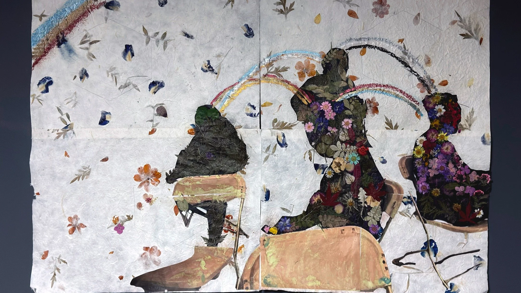 &ldquo;E No Matter How Far De Wata Run, E Ain Forget Weh E Come From."// Medium: Handmade Mixed Fiber Paper, Pressed Flowers, Oil Pastel // Size: 27&rdquo; x 40&rdquo; // Date: 2026