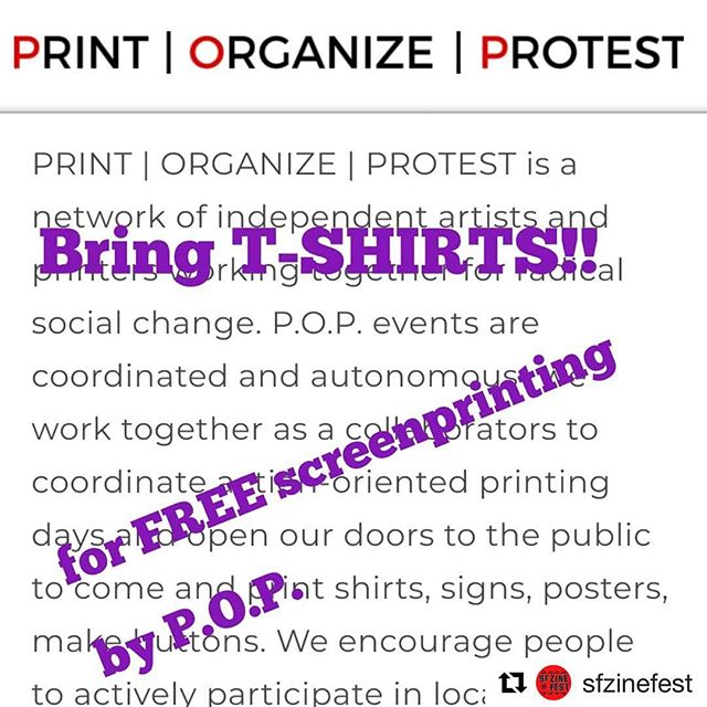 #Repost @sfzinefest ・・・
Bring t-shirts to SFZF tomorrow!

From 11am-1pm, @print.organize.protest will print designs on tshirts for FREE! Also, the printmaking workshop will provide posters for silkscreening.

The images will be geared toward climate 