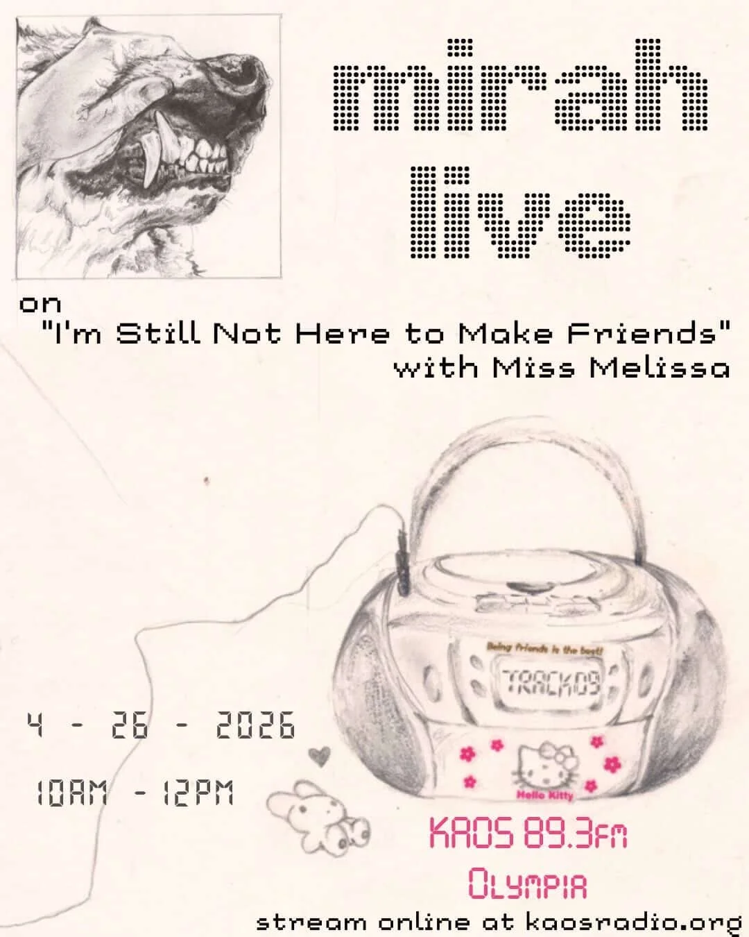 Flyer for a live peformance by Mirah on KAOS for April 26th at 10am