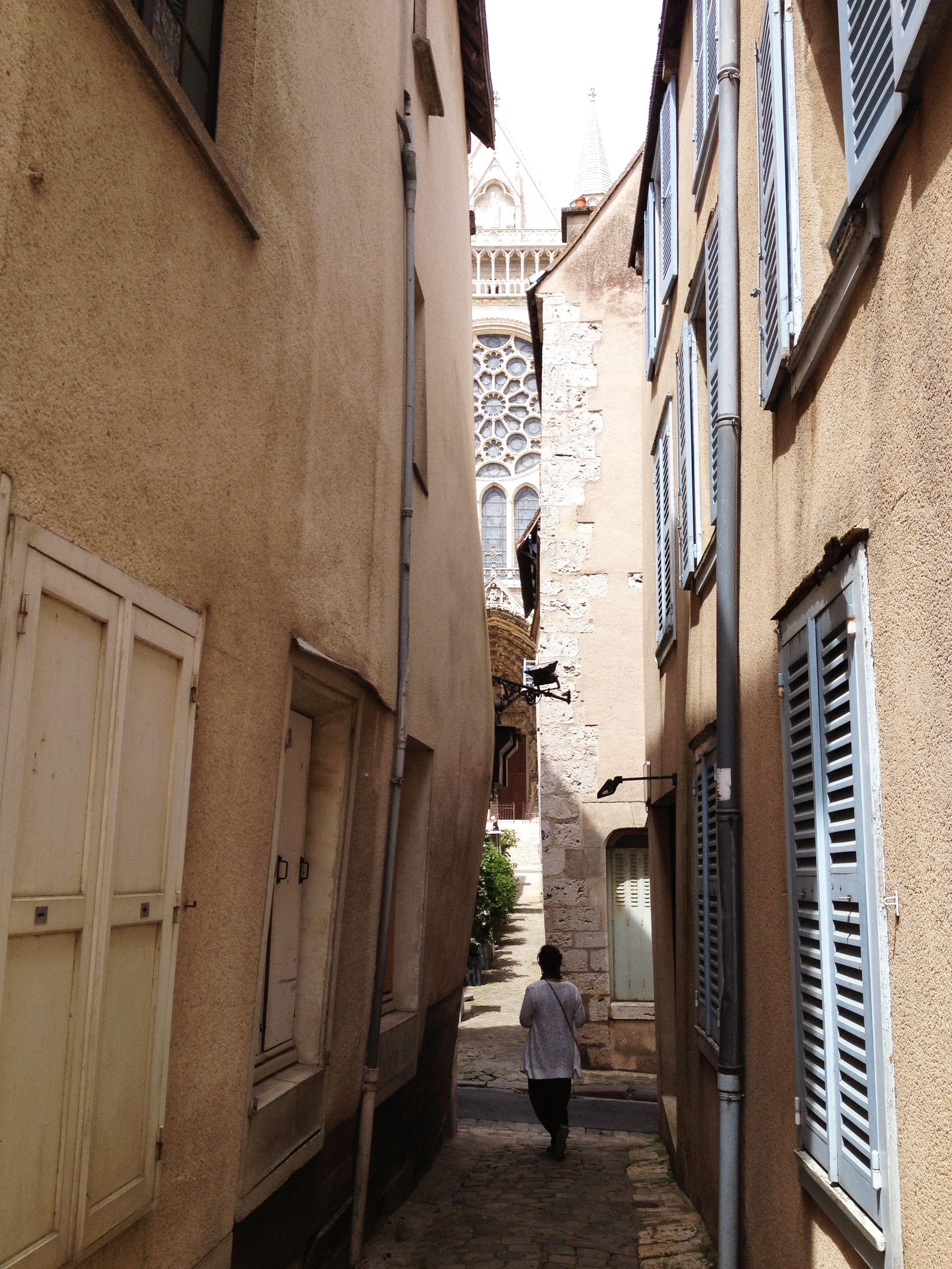  One of the little alleys of Chartres with a peek of the cathedral. 