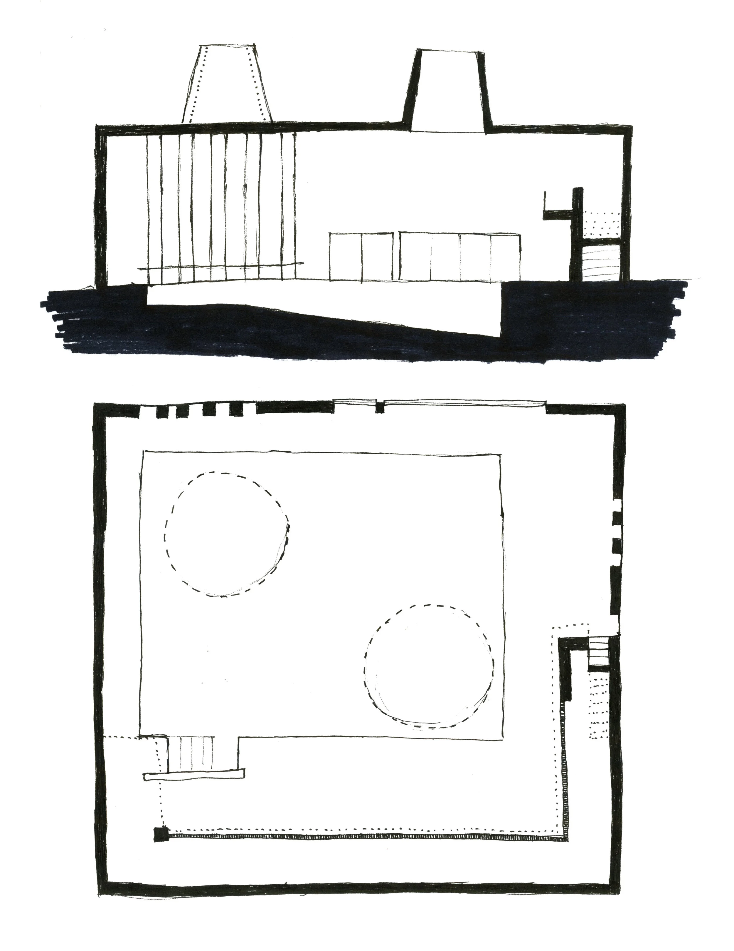 This is a quick sketch of the plan and section of the natatorium at Cranbrook. From the section, you can see the massive skylights on the ceiling that also serve as ventilation.