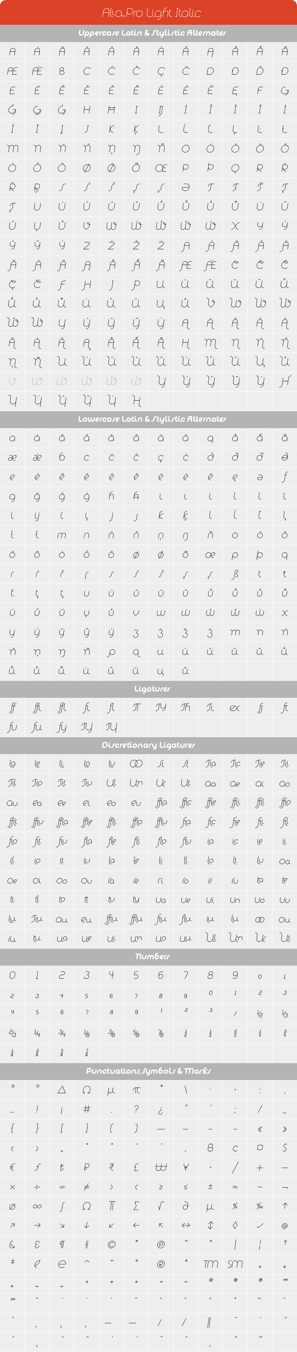 Alio Pro Light Italic Glyph Set