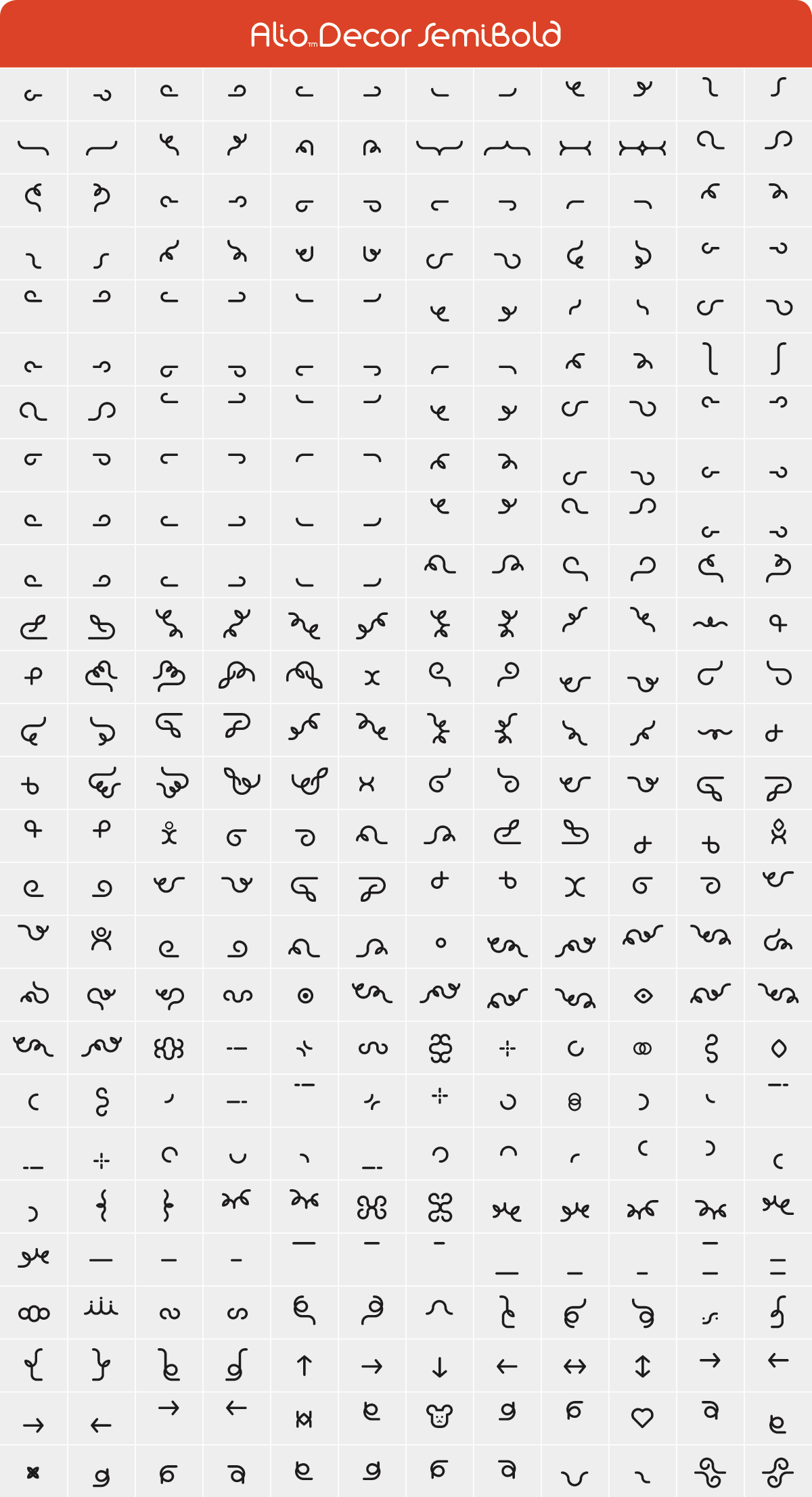  This table provides the entire 300+ glyphs available on Alio Decor SemiBold font. Designed by Tana Kosiyabong from R9 Type Design 