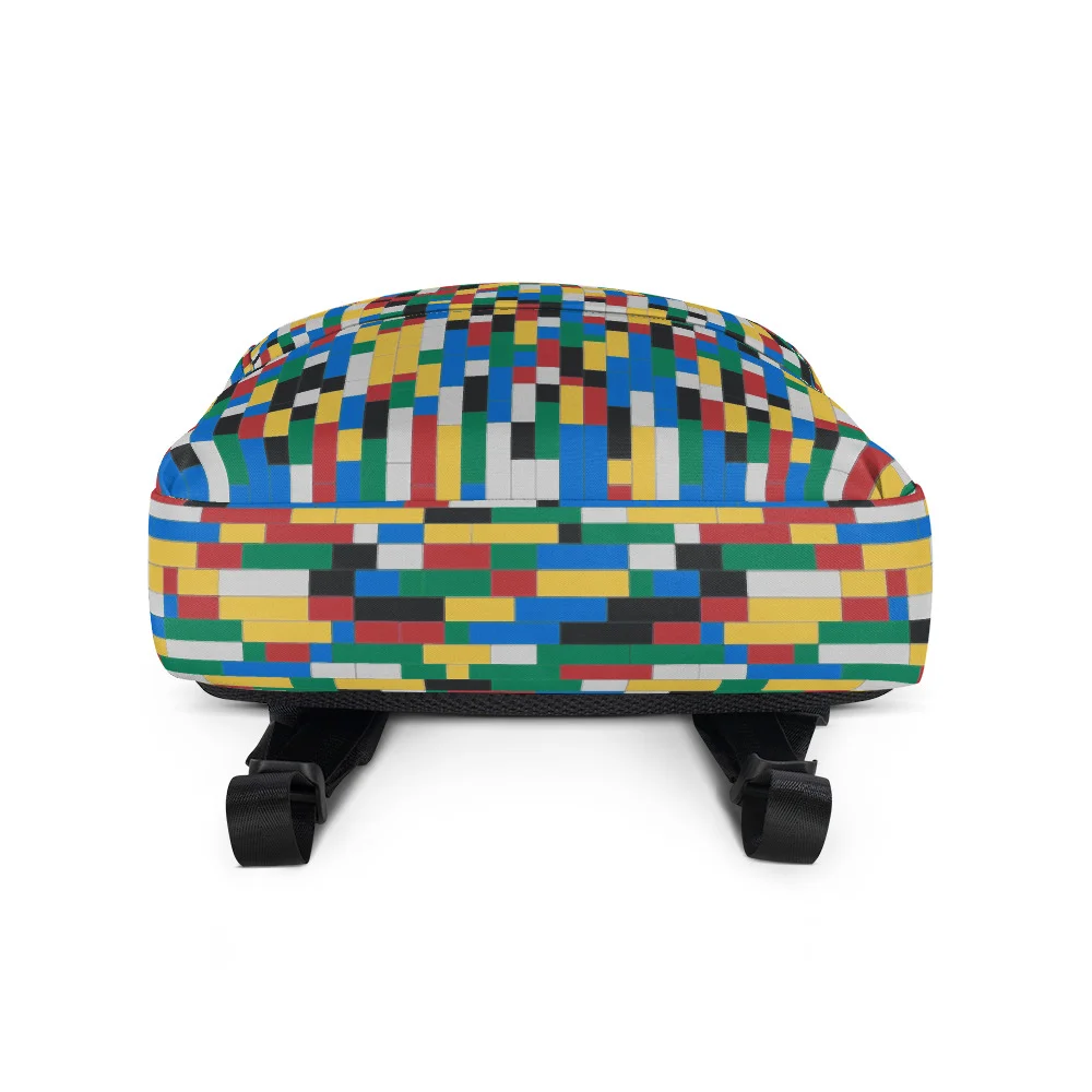 Colorful Building Blocks Backpack, bottom view of the base, clearly showing the colorful brick pattern wrapping underneath.
