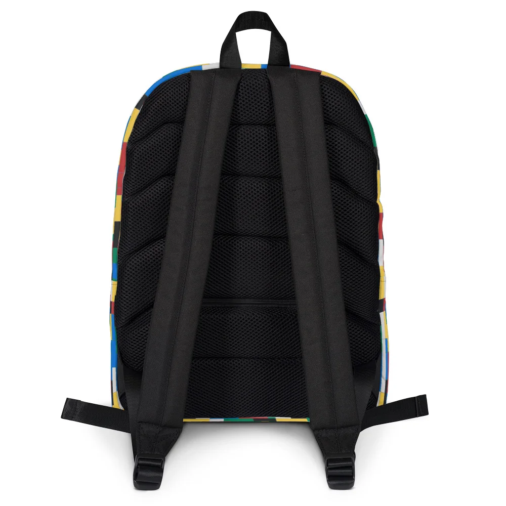 Rear view of the Colorful Building Blocks Backpack, showing the fully padded black mesh back panel and adjustable shoulder straps.