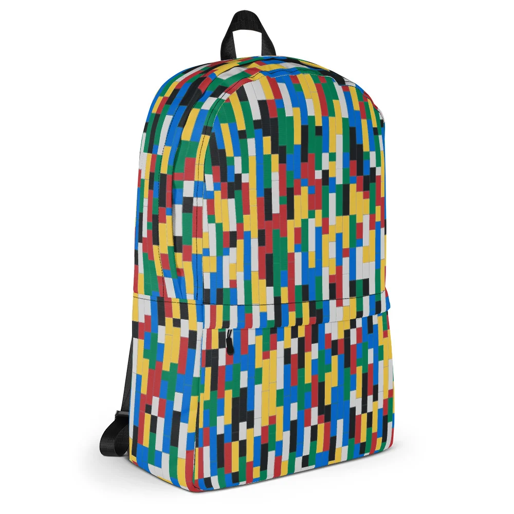 Colorful Building Blocks Backpack, right 3/4 view showing side pocket and vibrant brick pattern.
