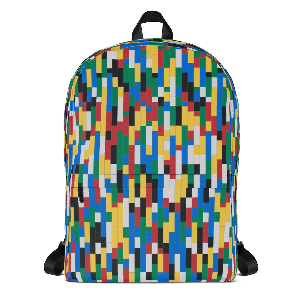 Colorful Building Blocks Backpack by dulgen™, front view, featuring the full multicolored brick pattern design.