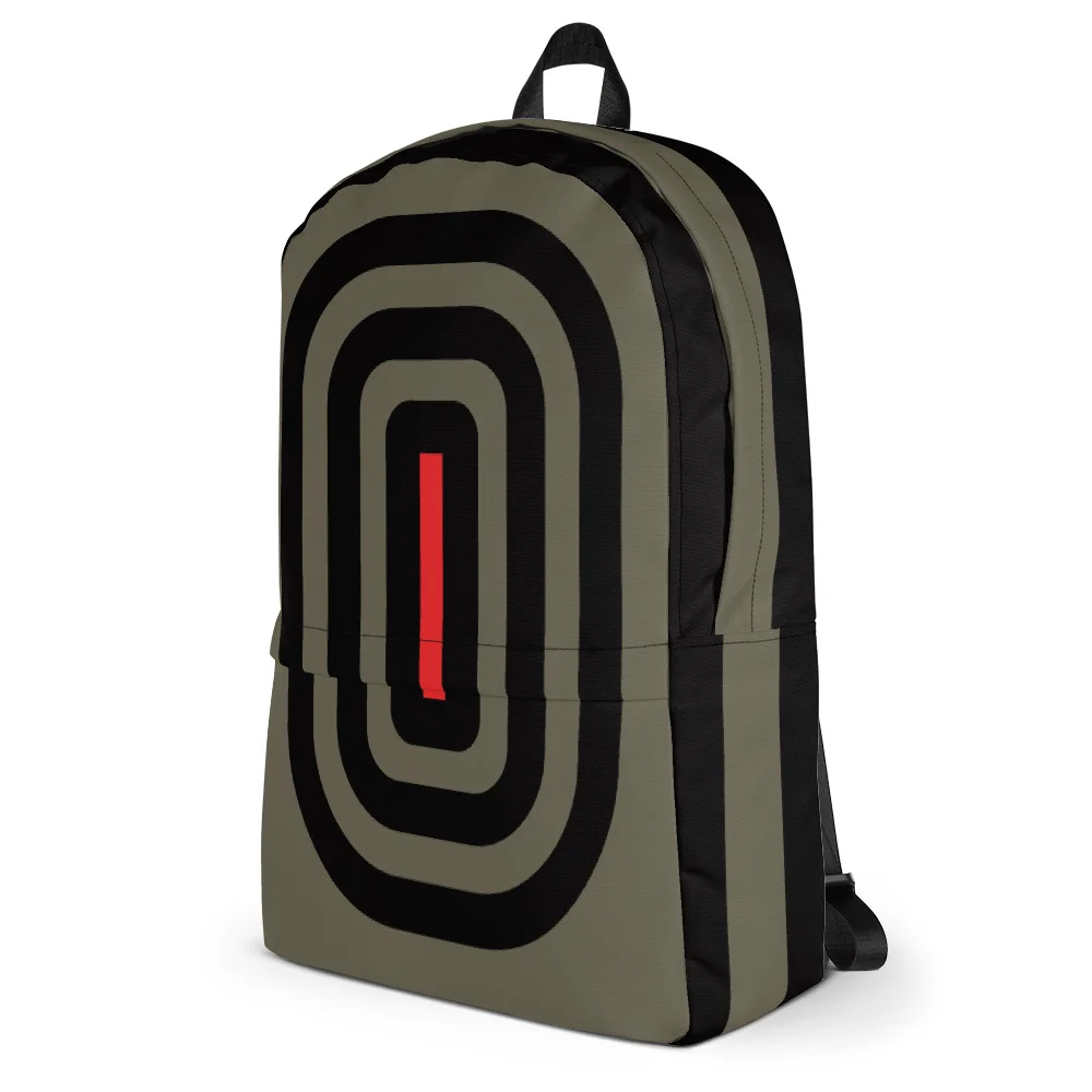 Grey Mesmerized Urban Commuter Backpack, left 3/4 view, showing the unique black and red target graphic.