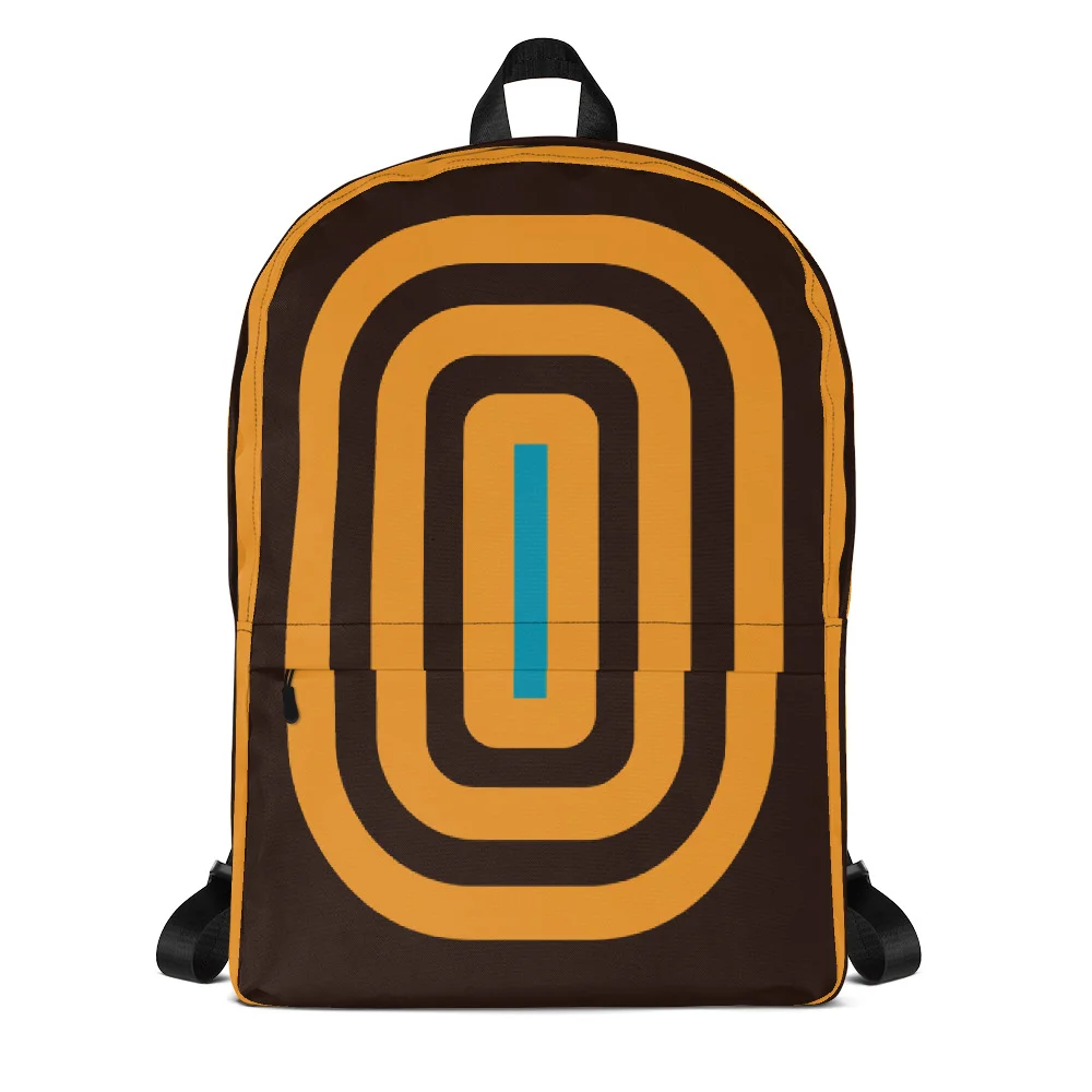 Mesmerized Urban Commuter Backpack (Brown) by dulgen™, front view, featuring the bold, dark brown, yellow, and turquoise design.