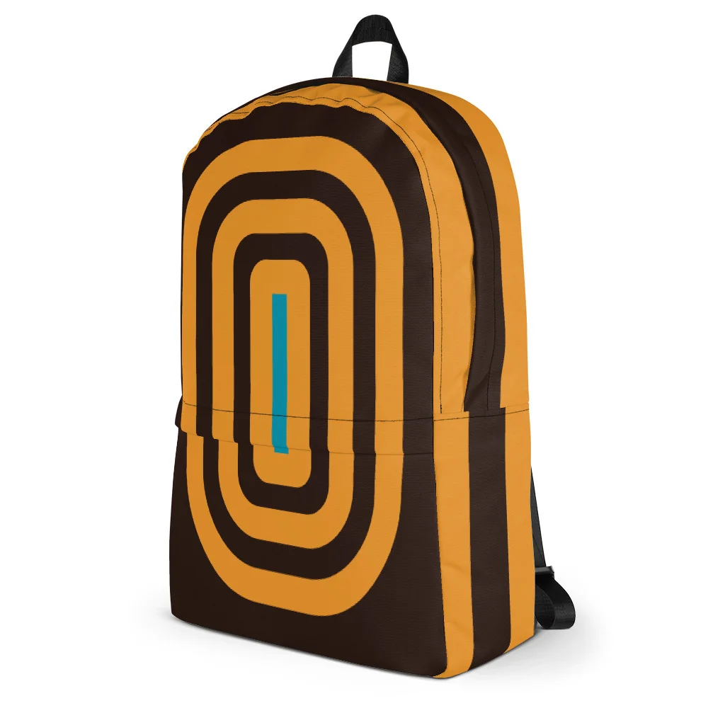 Dark brown Mesmerized Urban Commuter Backpack, left 3/4 view, showing the yellow and turquoise target graphic.