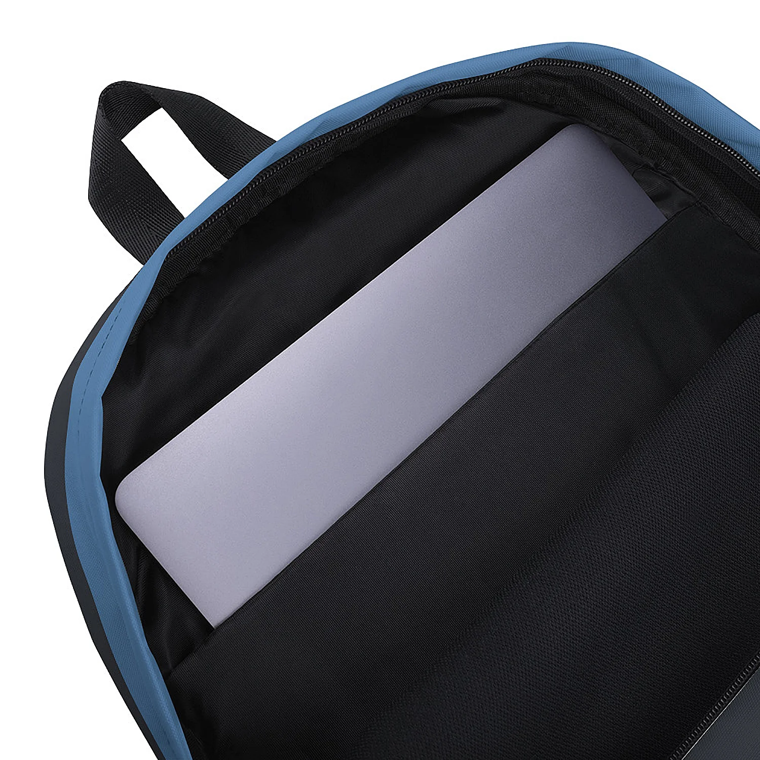 Detail of the open Blue Ribbon Urban Commuter Backpack, showing a laptop or tablet secured in the internal sleeve.