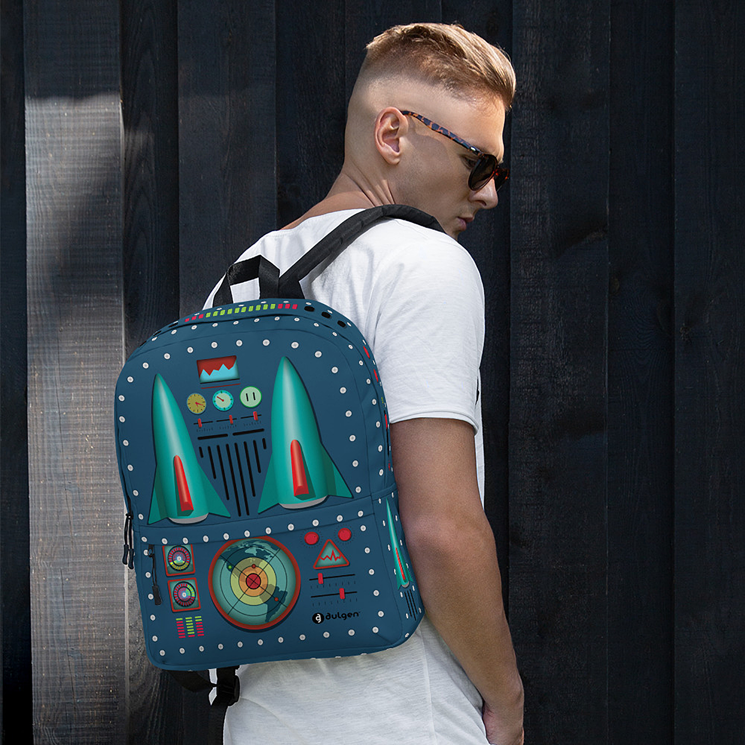 Man wearing the 50s Rocket Jet Backpack by dulgen™ against a dark background for scale and novelty fit.