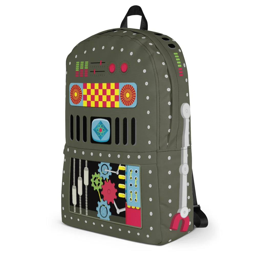 50s Vintage Tin Toy Style Robot Backpack, left 3/4 view, featuring the olive green base and colorful retro robot graphic.