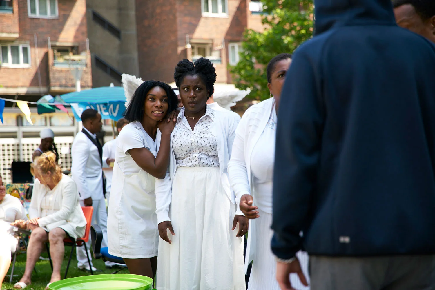Susan Wokoma, with Michaela Coel (left) in a production still from Chewing Gum . Courtesy of E4. 