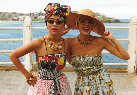 Jenny Kee (left) wearing Linda Jackson's Tutti Frutti dress and Linda Jackson (right) in 1975. Photograph by Ann Noon