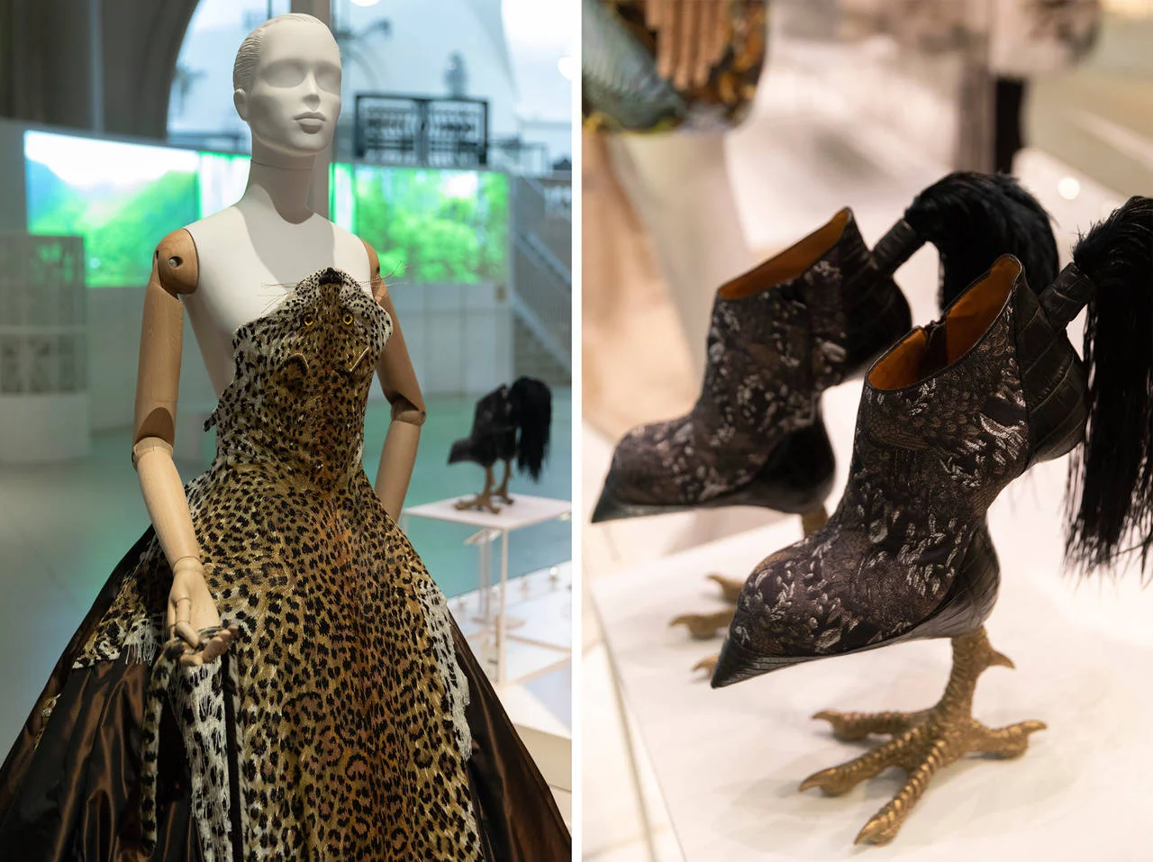 Above left: No leopard was harmed in the making of this dress - Jean Paul Gaultier's design is actually made from beads. Right, Masaya Kushino's 'Bird Watched' heels © Victoria and Albert Museum, London.