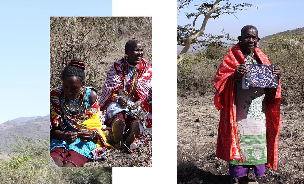 Maasi beaders working on bags for MIMCO