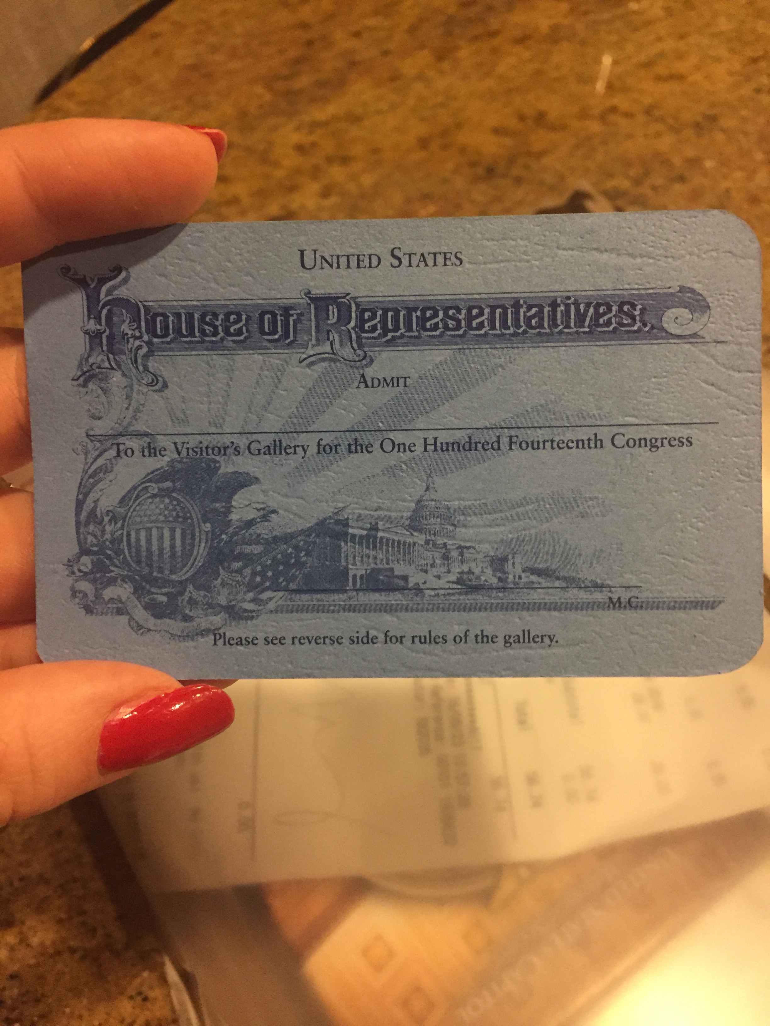 My pass to the Visitor Gallery.