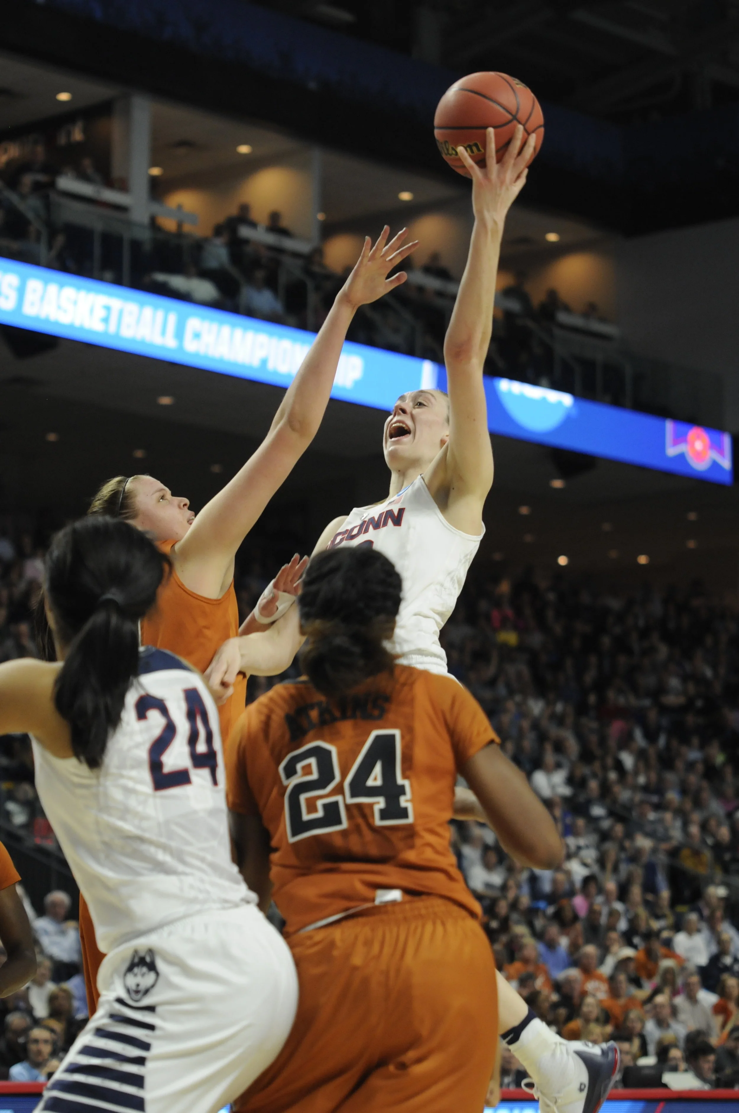  Connecticut forward Breanna Stewart (30) goes for a rebound during an NCAA tournament quarterfinal game against Texas on March 28, 2016.&nbsp;Stewart finished with 21 points, 13 rebounds,&nbsp;&nbsp;5 assists, 3 blocks, and 3 steals in UConn's 86-65