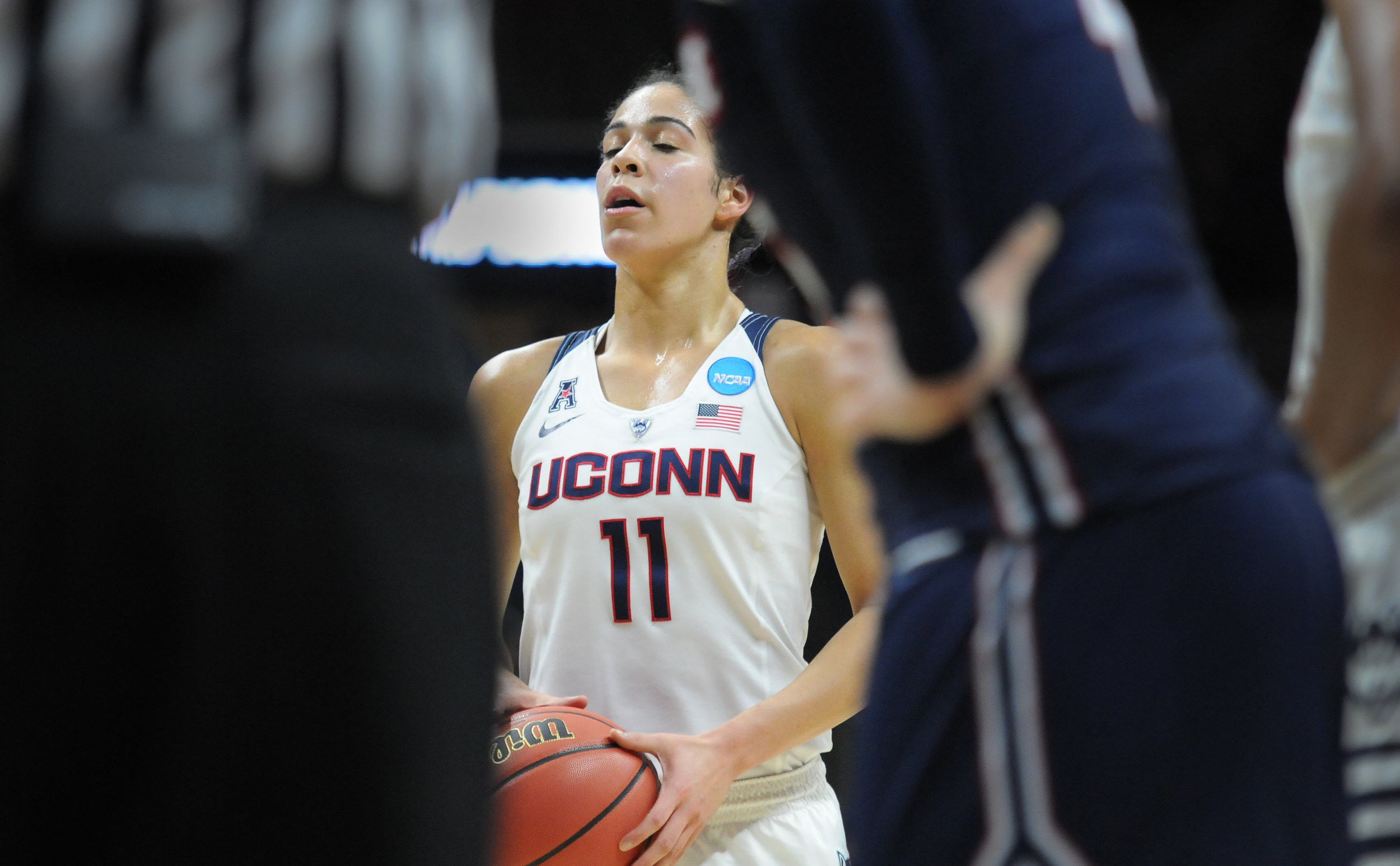  Sophomore guard Kia Nurse (11) prepares for a free throw against Duquesne in the second round of the NCAA tournament on Monday, March 22 at Gampel Pavilion. She scored seven points with three rebounds en route to a 97-51 victory. 