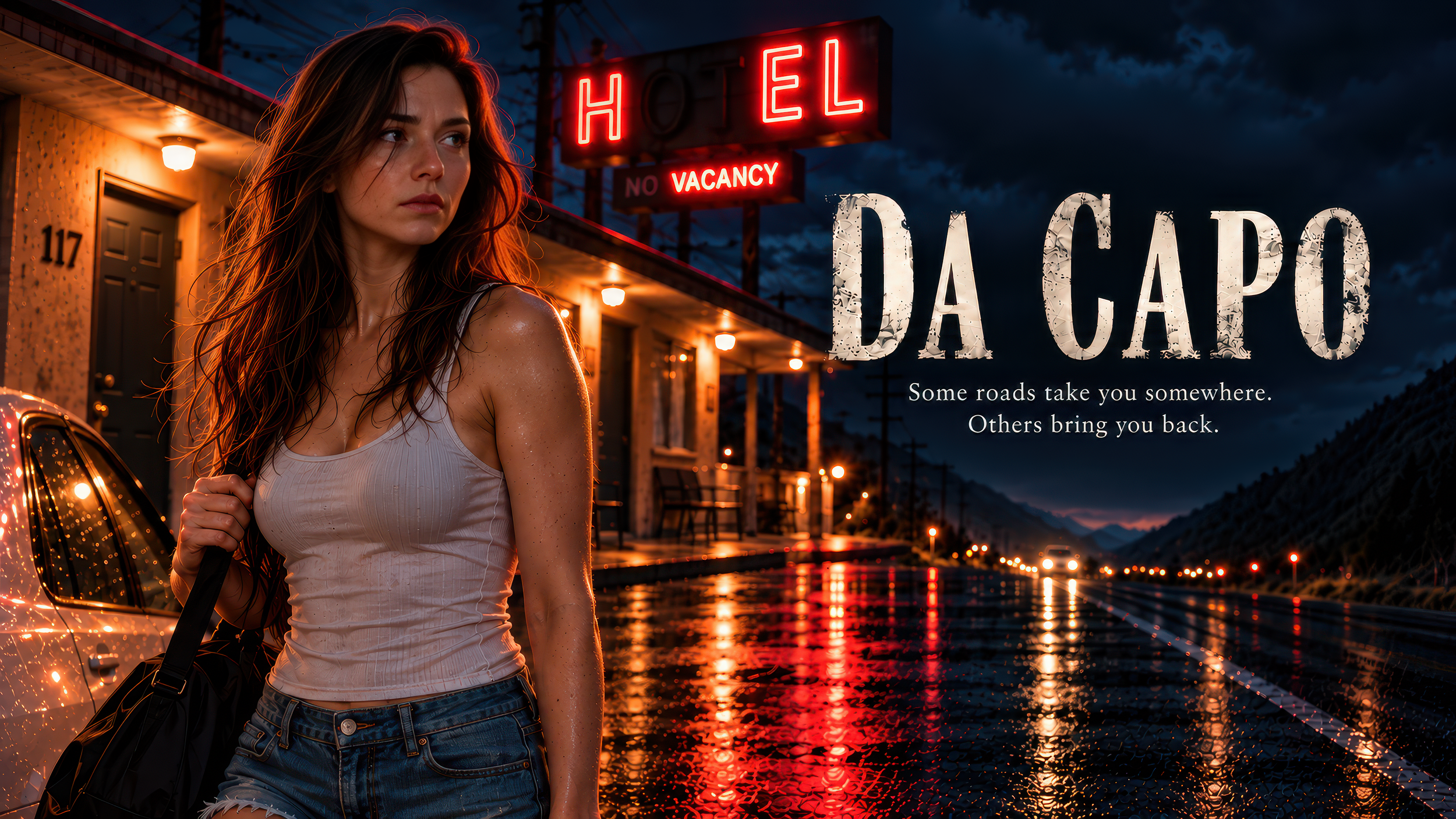 Woman standing outside a roadside hotel at night, with a broken neon sign and rain-slick pavement.