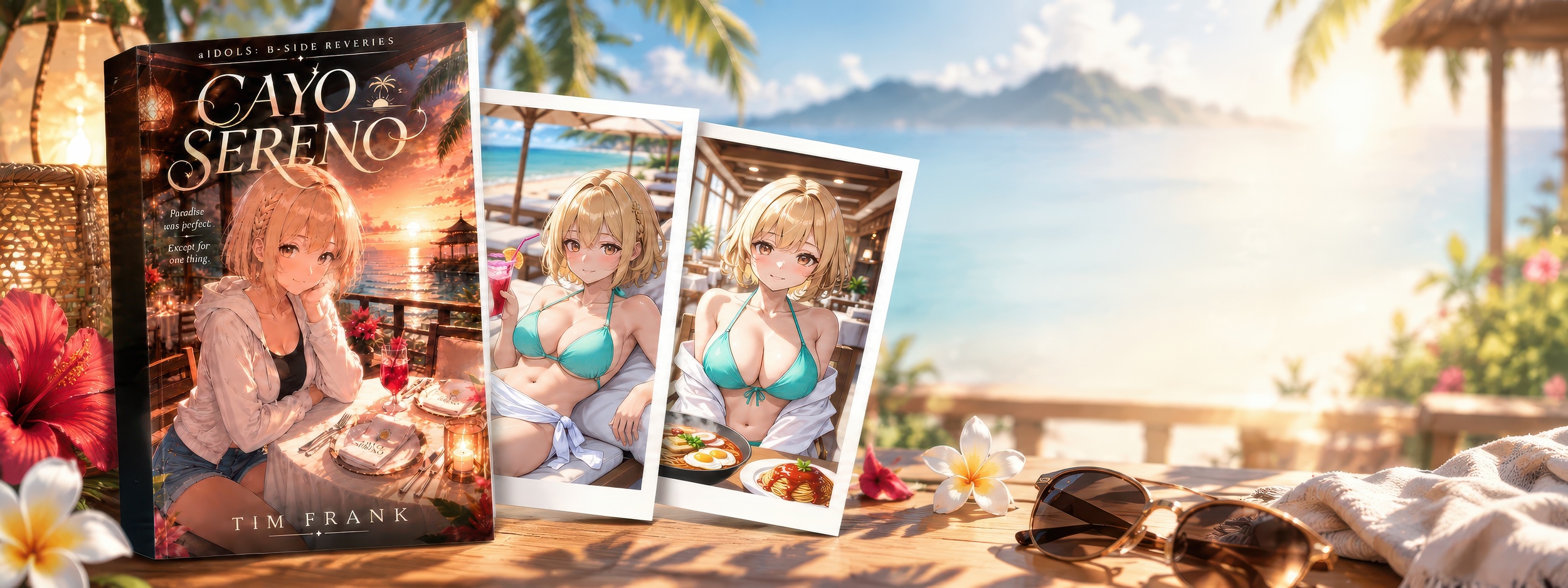 Cayo Sereno light novel edition displayed with illustrated interior pages at a tropical resort.