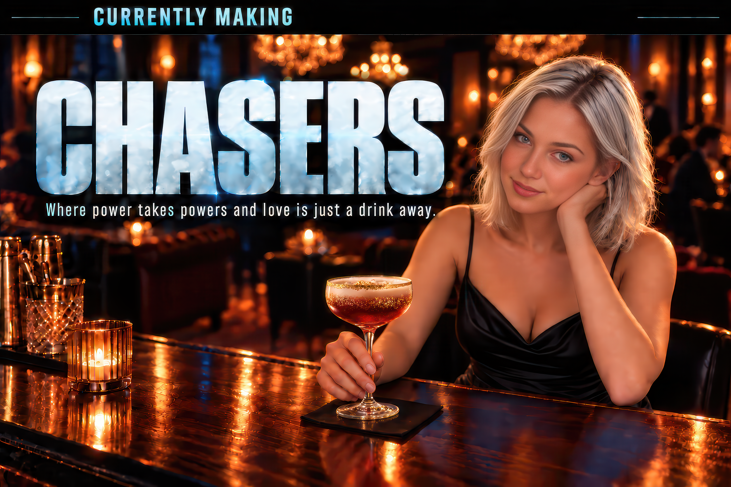 Chasers by Tim Frank — Evie, a silver-haired woman in a black cocktail dress, seated at the Cutthroat's bar.