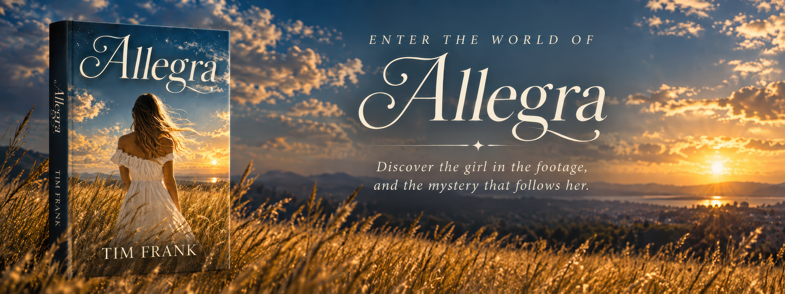 Allegra book beside a warm, cinematic field scene inviting readers to continue the story.