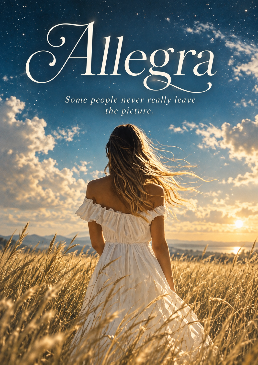 Cover of Allegra by Tim Frank, showing a blonde woman in a white dress standing in a field beneath a starry sky.