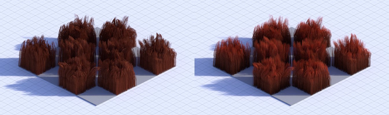Plain hair shader vs hair shader with varied colour and transparency along the length of the hair