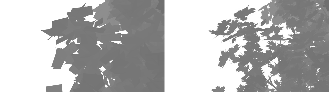Regular depth pass vs custom depth pass that takes leaf transparency into account. Though an ‘Alpha Threshold’ was added in 2.70, so we don’t actually need to do this for leaves anymore.