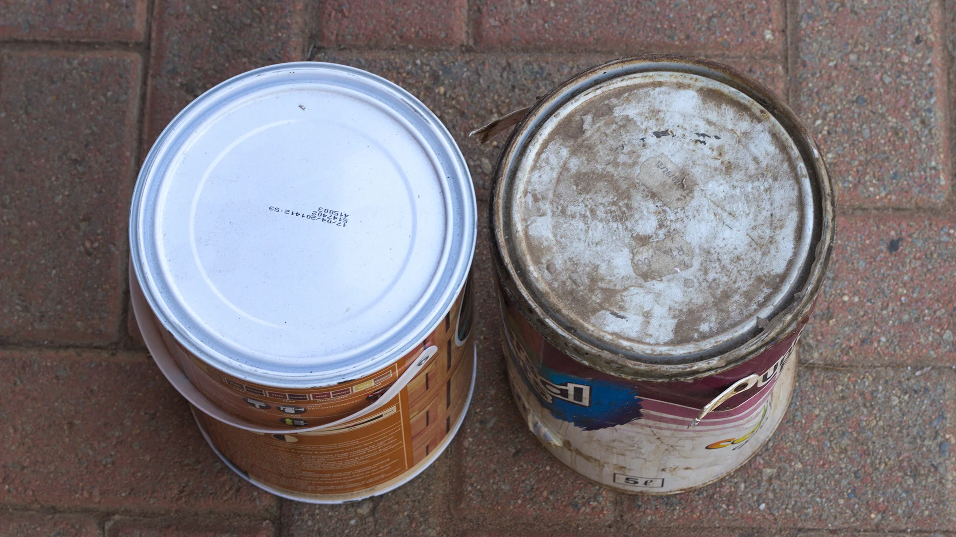 Clean, new paint can vs. old dirty one
