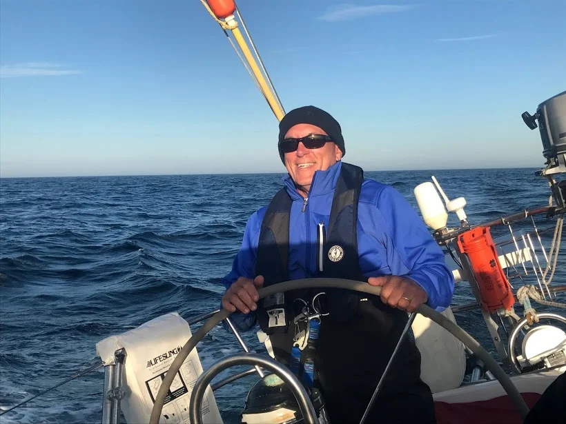 At the helm of Tioga this week, sailing from Bermuda to Boston. 