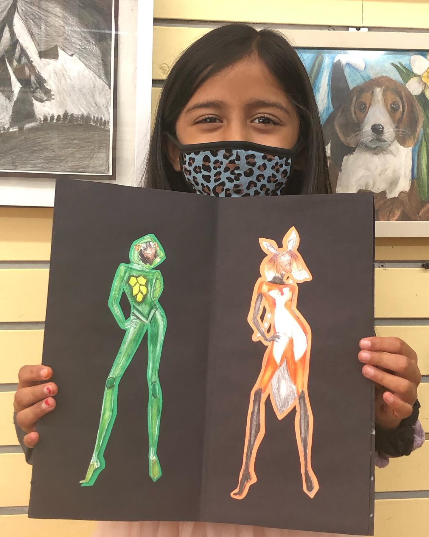 Extended Art Camp has been a blast! First photo is Riya and some of her superhero designs in her fashion illustration book. Second photo is a work in progress of Bianca’s story book of Ava the Dog and friends. Great job Bianca and Riya 👏
