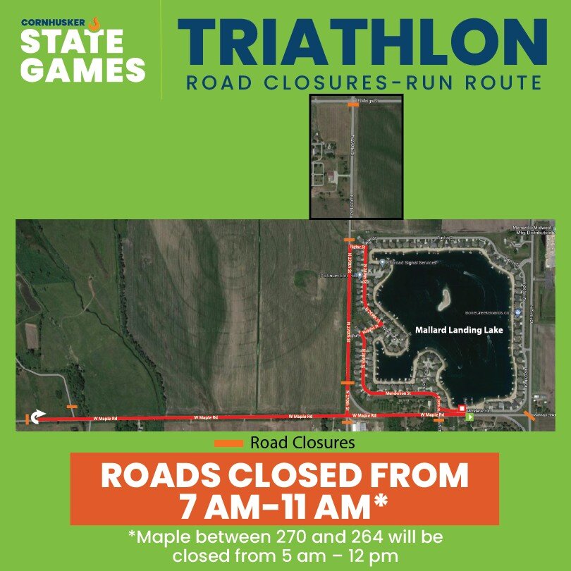 Attention: Road Closures Sunday, July 23 in Valley, Nebraska. Watch for athletes and please use caution when cross the course. Local law enforcement will be present to escort! 
DM for questions route safety.
City of Valley, Nebraska @nesportscouncil 