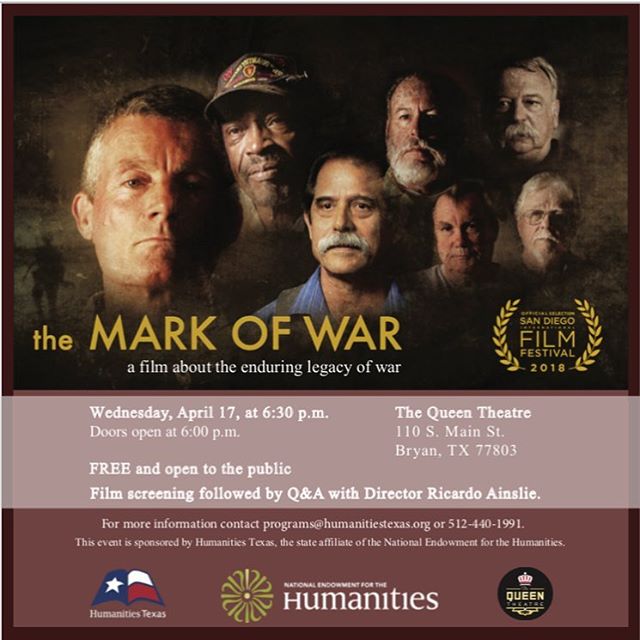 The Mark of War is coming to Bryan, TX on Wednesday, April 17, 2019 at 6:30pm. The doors open at 6:30pm and following the screening, Director Ricardo Ainslie will open up a Q&A session. FREE and open to the public.