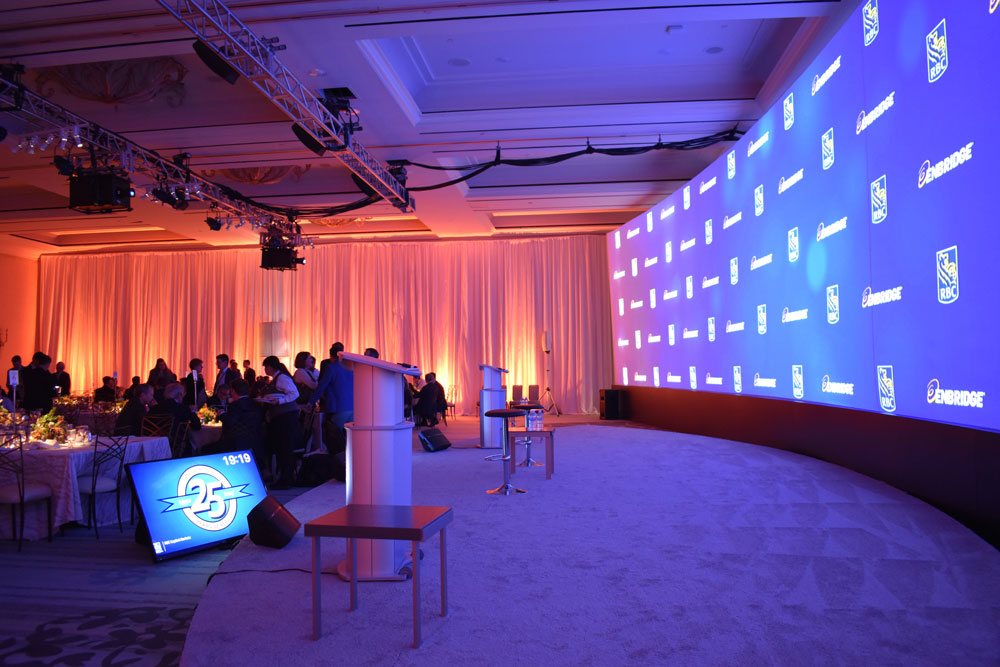 Projection Screen, Aluminum Podium, and Room Uplighting