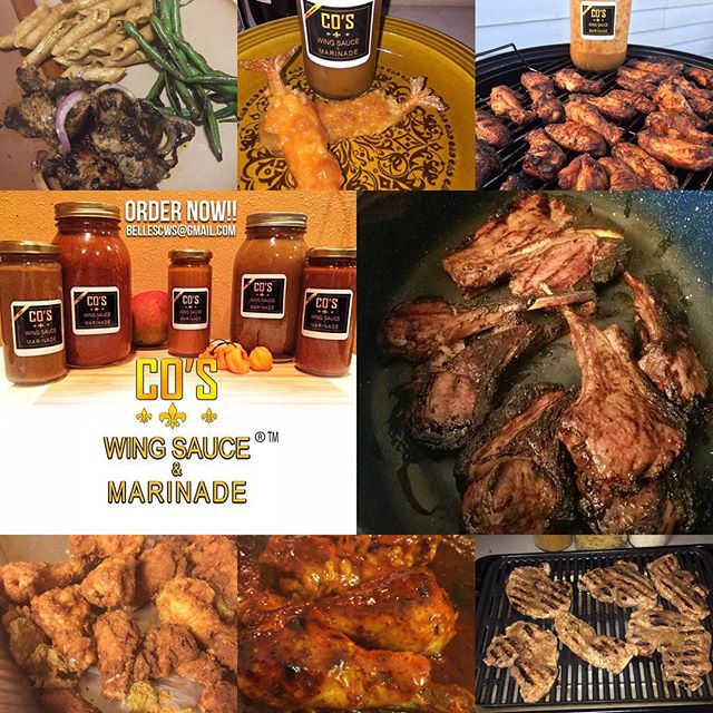 Collage of pics from satisfied customers!!! GET YOUR SAUCE GAME UP!!!&trade; @coswingsauce &quot;CO's Wing Sauce &amp; Marinade&trade;&quot; is available for local pickup &amp; shipping within the 50 States. 
Use it on Beef, Chicken,Turkey, Pork, Fis
