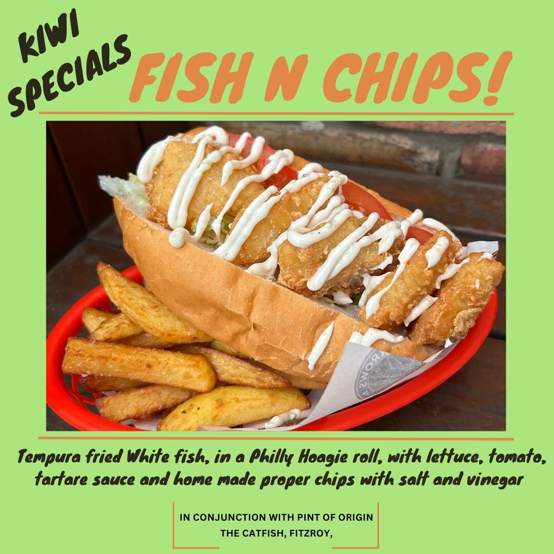 PHILLY MEETS NZ ⁠
Kiwi specials in conjunction with The Catfish, NZ Pint of Origin 🍻⁠
⁠
Tempura fried White fish, in a Philly Hoagie roll, with lettuce, tomato, tartare sauce and home made proper chips with salt and vinegar 😮⁠
⁠
Available now until