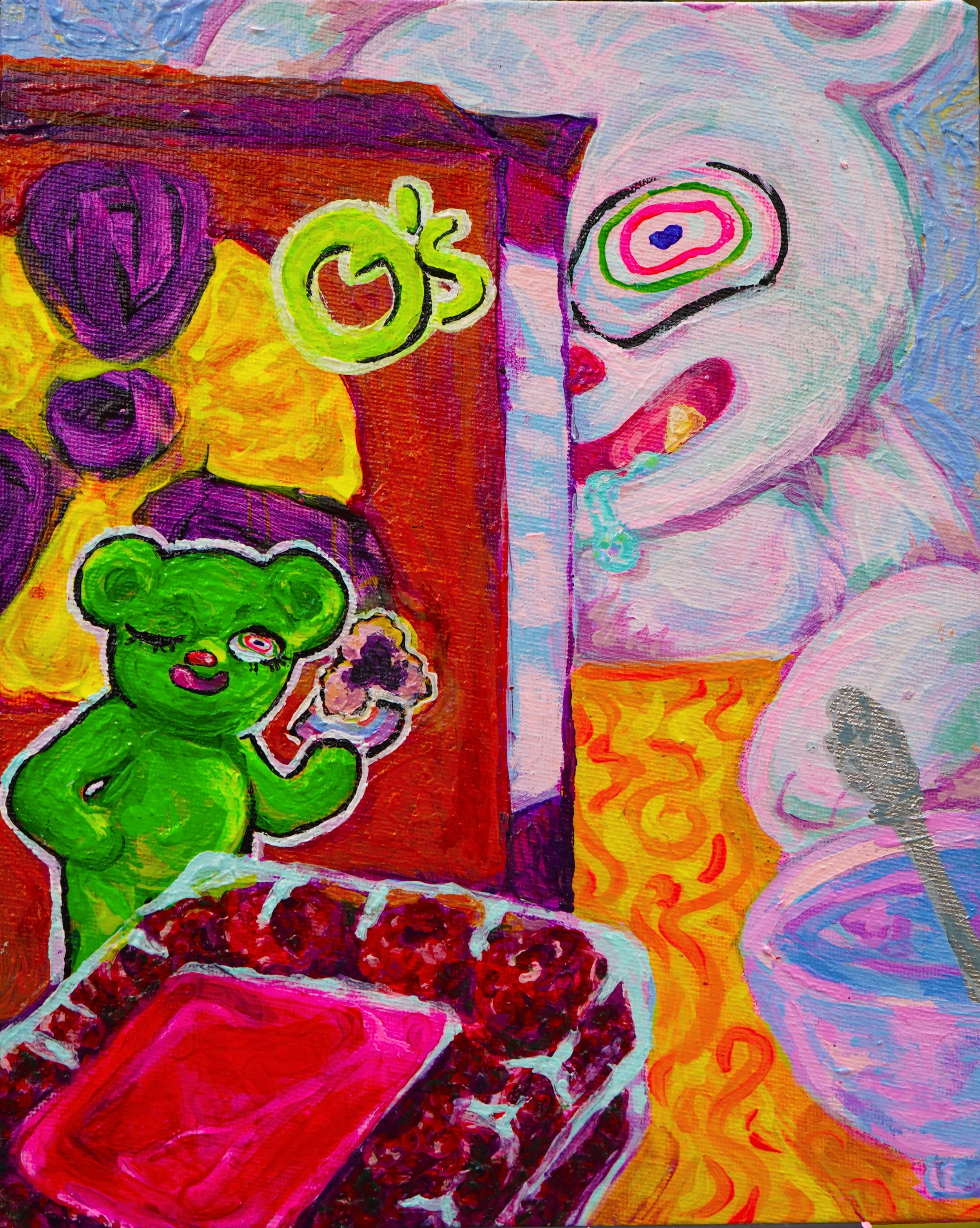  Chemical laden and sugary foods create addiction, while produce is expensive (and often moldy).  Food deserts make eating healthy harder while expenses keep climbing.  This painting is about the addictive nature of American breakfast foods.    8”X10