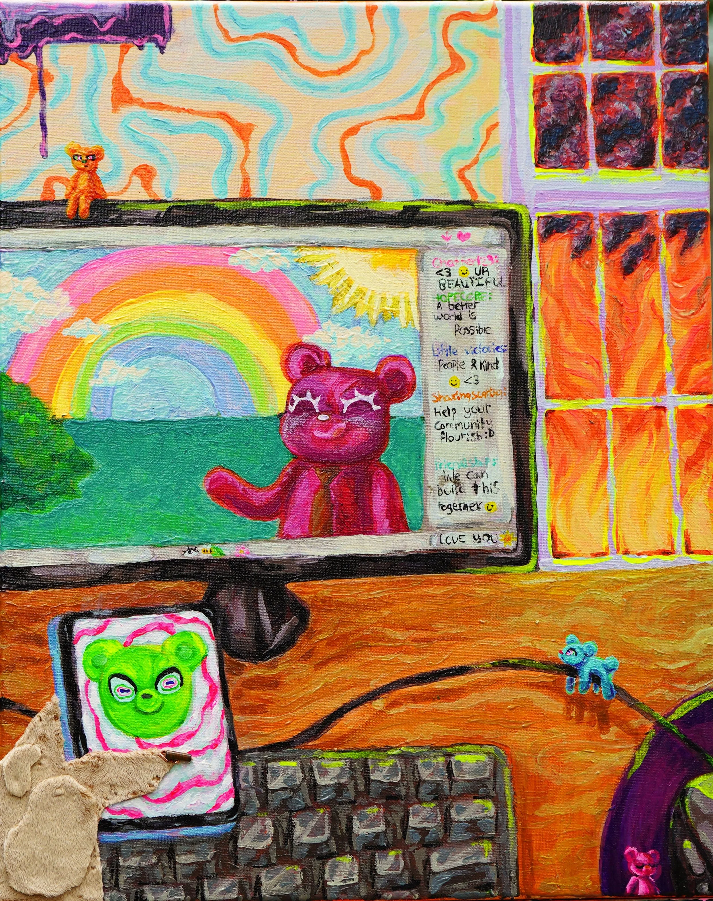 It's socialism or b(e)arb(e)arism baby, but maybe you should just keep looking at your phone.  This painting is about the rise of fascism while social media keeps us distracted and pockets of hope for a better world.    20”X16” acrylic, fabric, and 